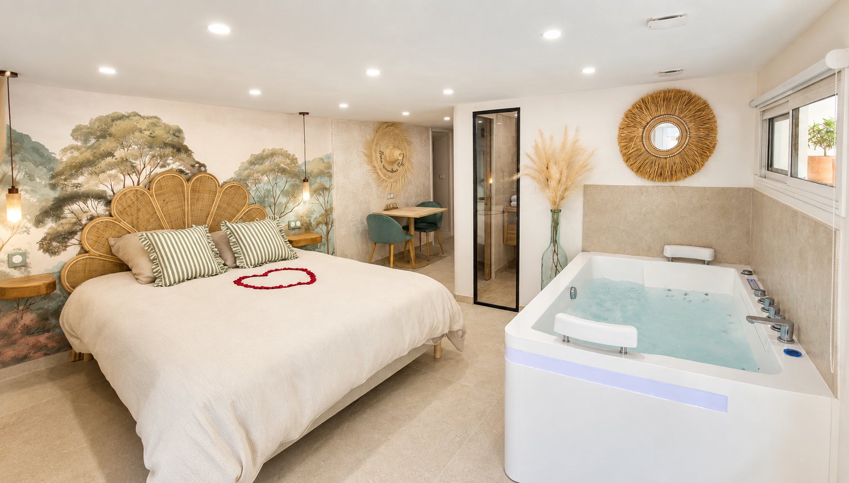 La suite Cigalia : le lit face au spa privatif, sous la fresque d'arbres